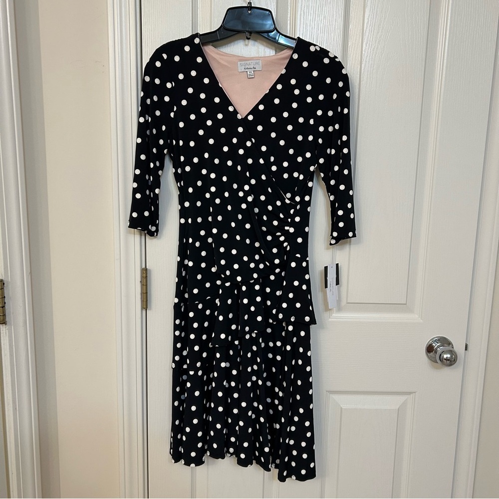 Robbie Bee Women's Polka-Dot Tiered Faux-Wrap Dress in Black/White Size PS - Picture 4 of 9